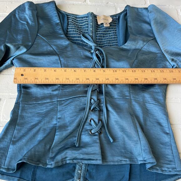 I. Madeline Blue Satin Lace Up Hook and Eye Cuff Sleeves Short Top Blouse -sz M - Picture 7 of 8